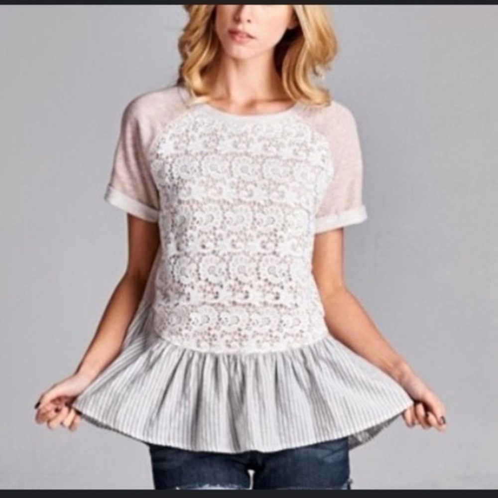 Oddy Anthropologie Peplum Lace Overlay Ruffle Top
